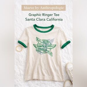Maeve by Anthropologie White/Cream Graphic Tee with Green Trim Size Medium
